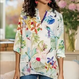Soft Surroundings Womens Tropic Breeze Floral Popover‎ Tunic Top Blouse Size S